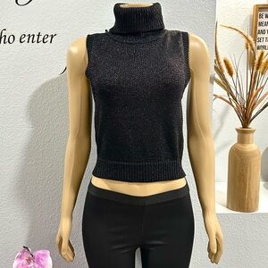 Sleeveless Black Top Size 8 Turtle Neck Knit Sparkle Retro Donna Morgan